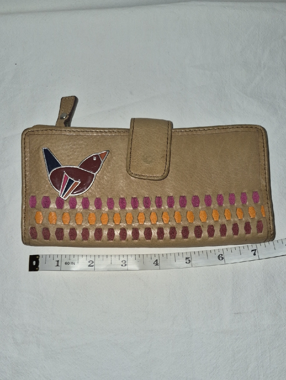 Fossil Tan Leather Wallet with Colorful Bird and Embroidered Accents